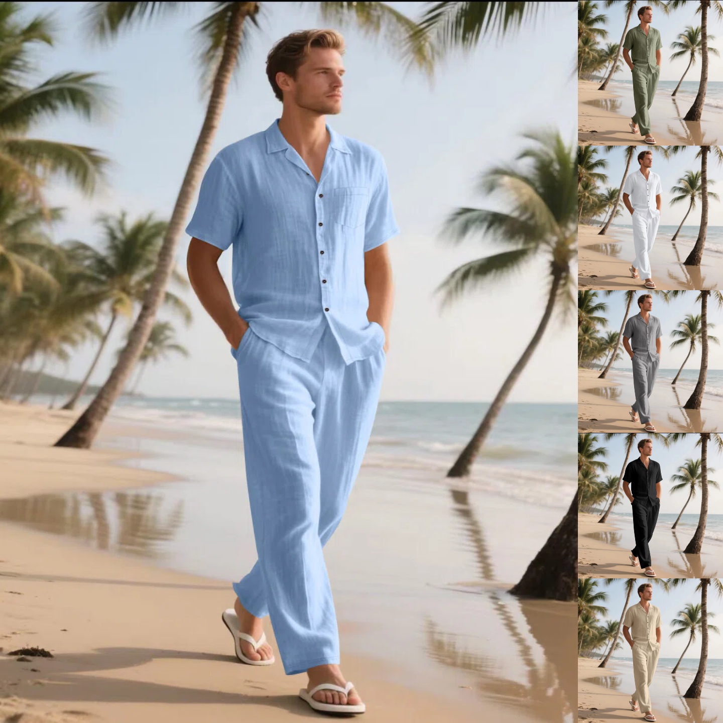 Short Linen Drawstring - طقم صيفي رجالي جديد من الكتان،