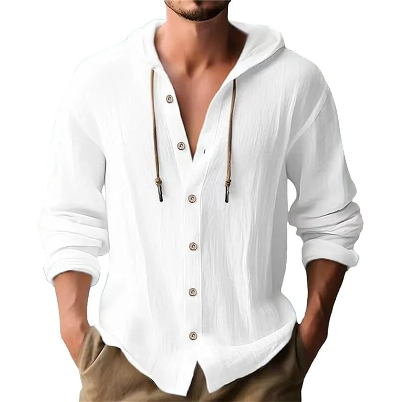Short Linen Drawstring - قميص رجالي كاجوال بأكمام طويلة بلون