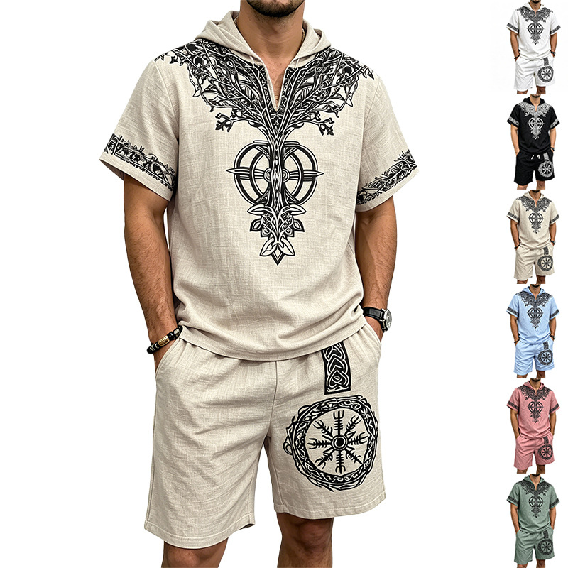 Short Linen Drawstring - طقم صيفي رجالي من قطعتين: توب