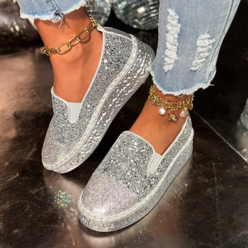 أحذية نسائية فضية لامعة مرصعة  - مراجعة Espadrille Slip On وسعره