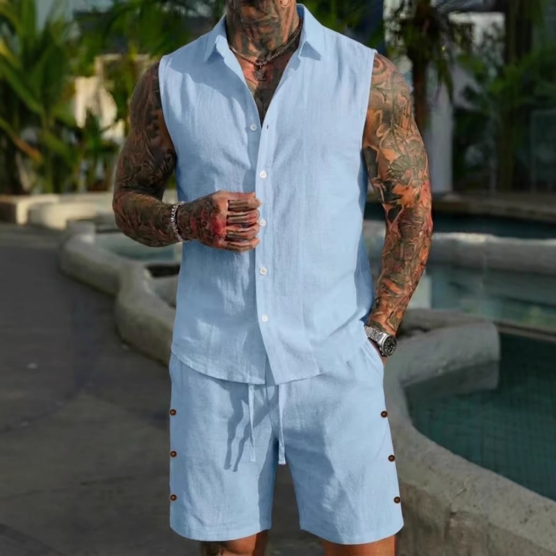 طقم رجالي من قطعتين بنسيج كتان - مراجعة Short Linen Drawstring وسعره